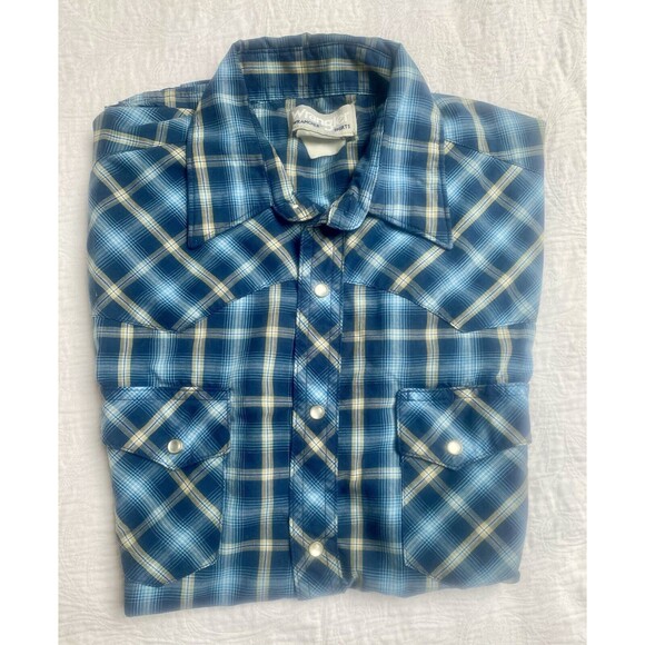 Wrangler Wrancher Mens Blue Plaid Long Sleeve Pearl Button Snap Shirt -Size Med - Picture 12 of 12